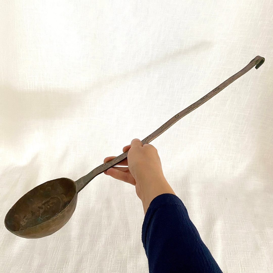 Large Primitive Old Copper Ladle, Turkish Hand Hammered Copper Ladle