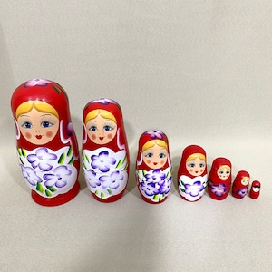 Vintage Matryoshka Doll | Russian Babushka Doll | Hand Painted Nesting Doll | Green Stacking Wooden Toy | 7 Pcs | 6.5&quot; Russian Home Decor