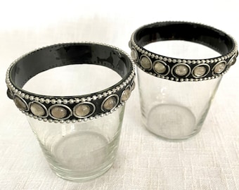 Pair of Clear Glass - Amber Glass Candle Holder | Old Tea Light Container | Vintage Candle Container | Votive Candle Holder | Table Decor