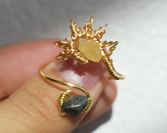 Wrapped Wire Crystal Sun and Moon Ring | Adjustable wire ring, Gold wire ring- tarnish resistant, Crystal wrapped ring, Dainty rings