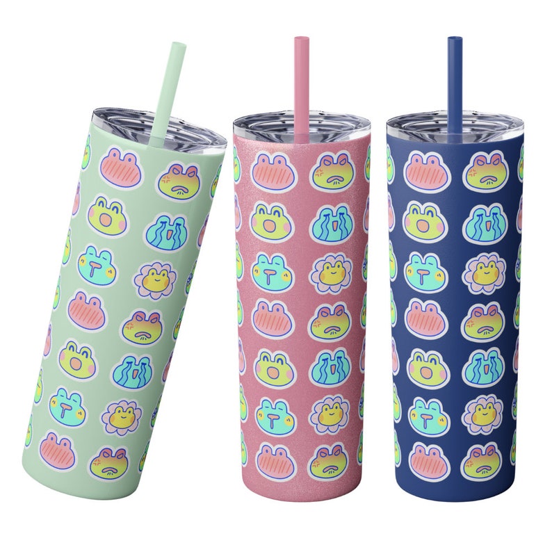 Cute Frog Emojis Cozy Gamer Tumbler Cup With Straw adorable Glitter