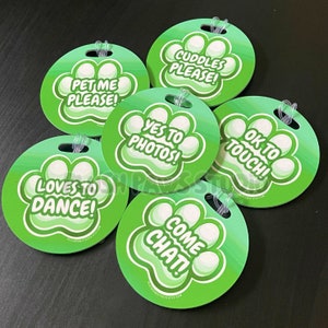 Consent Custom Fursuit Badge Tags | Green Paw Custom Text Furry Badge | Waterproof Scratchproof Durable Hard ID Tags for Convention Events |