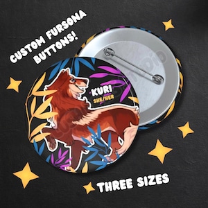 Bottoni Fursona personalizzati / 3 misure / Spille Furry Fandom, accessori distintivi personalizzati, gadget personalizzati con personaggi furry, graziosi bottoni pinback