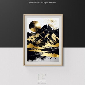 Golden Black Mountain Print , Printable Wall Art, Abstract Print Extra Large Wall Art, Digital download