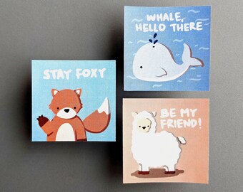 3pc Animal Pun Stickers // Fox, Whale, Alpaca / Llama // Party Bag Filler, Stocking Stuffer/Filler for Teens, Small Gift Idea for Coworkers