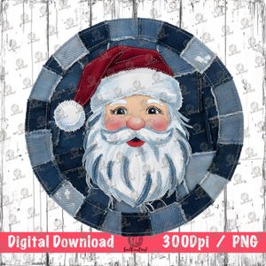 Könnte beinhalten: Ein kreisförmiges Weihnachtsdesign mit dem Weihnachtsmann mit weißem Bart und roter Mütze, vor einem Jeans-Patchwork-Hintergrund. Das Bild enthält den Text "Digital Download" und "3000dpi / PNG".