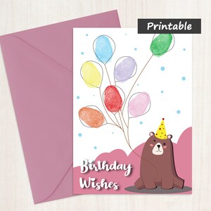 Ballon-Geburtstags-Wünsche-Karte - digitaler Download - Bär und Ballon-Vorderseite der Kinder - innen leer - Drucken und Fingerabdrücke hinzufügen