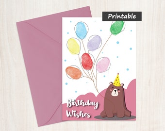 Ballon-Geburtstags-Wünsche-Karte - digitaler Download - Bär und Ballon-Vorderseite der Kinder - innen leer - Drucken und Fingerabdrücke hinzufügen