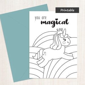 Vous êtes une carte de coloriage magique - Imprimable pour enfants/Licorne et arc-en-ciel sur le devant/Vide à l'intérieur/Imprimer et ajouter de la couleur