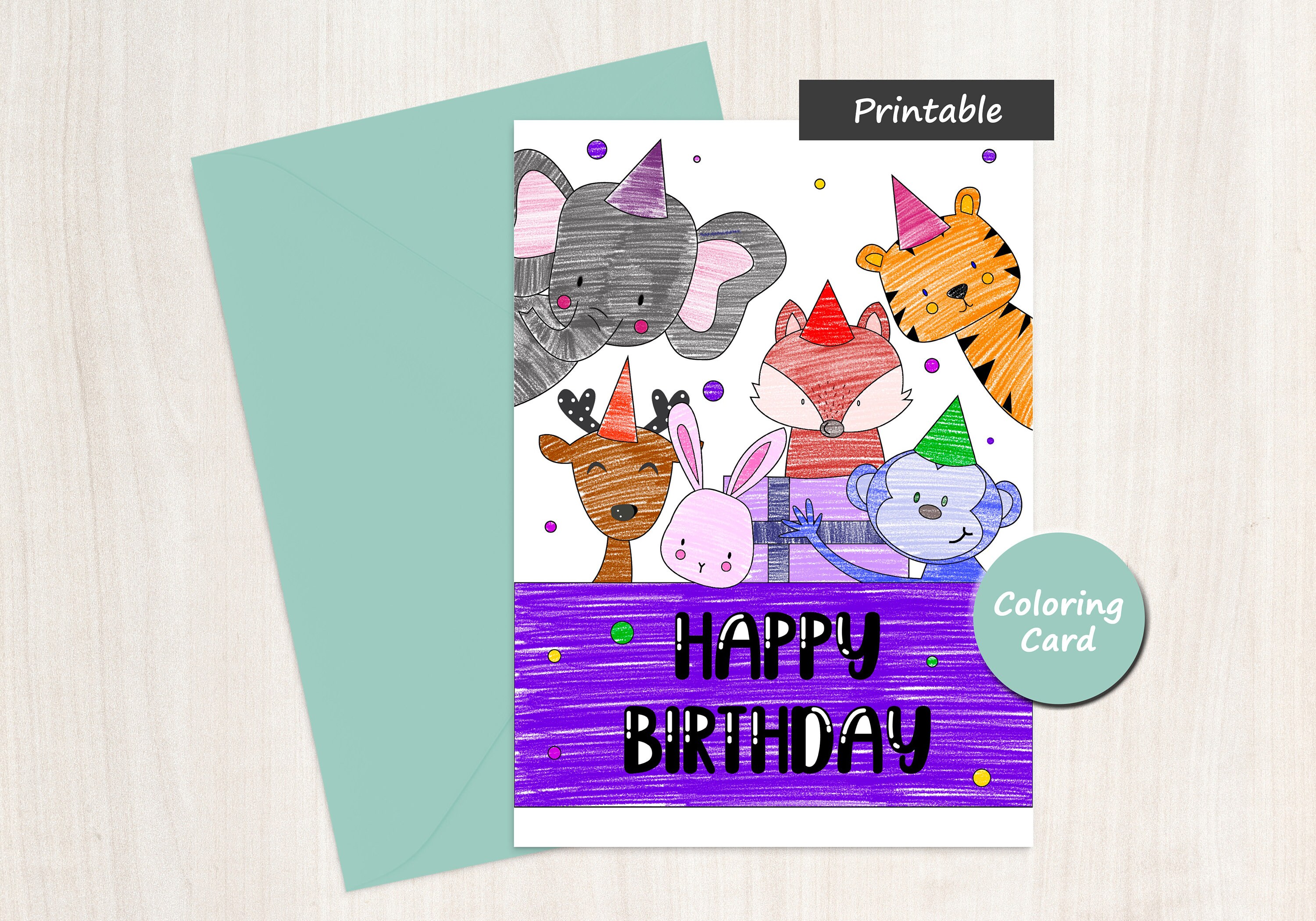 Animals Happy Birthday Coloring Card Animals Digital | Etsy