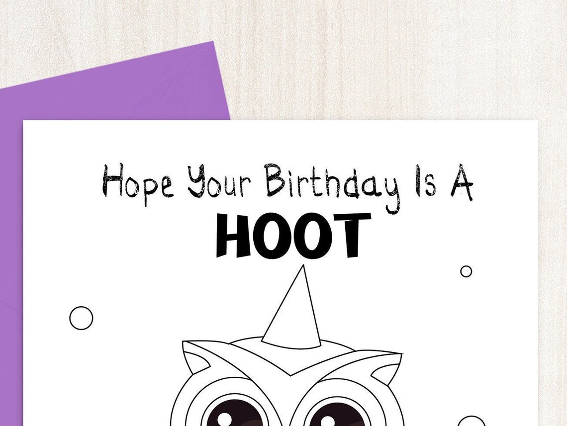 Owl Happy Birthday Coloring Card Digital Download Children's Owl on