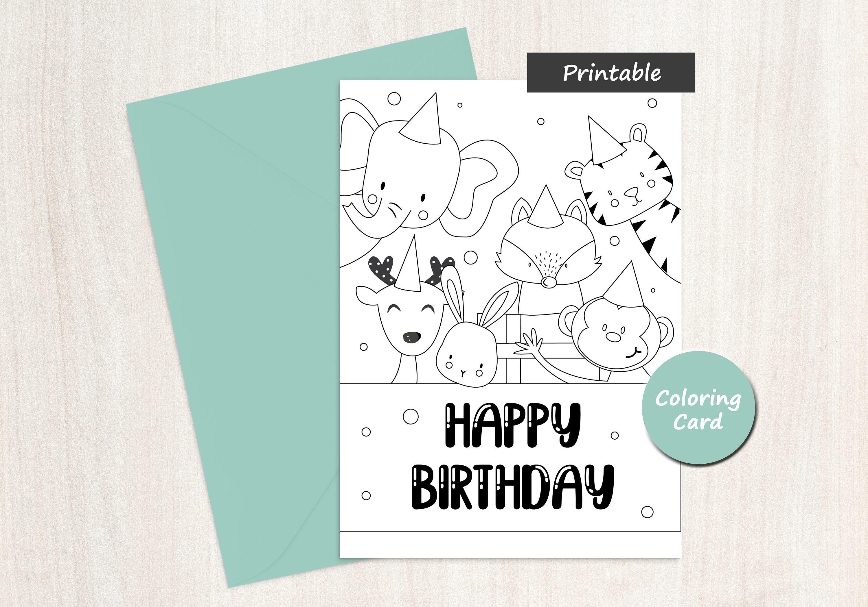 Animals Happy Birthday Coloring Card Animals Digital | Etsy