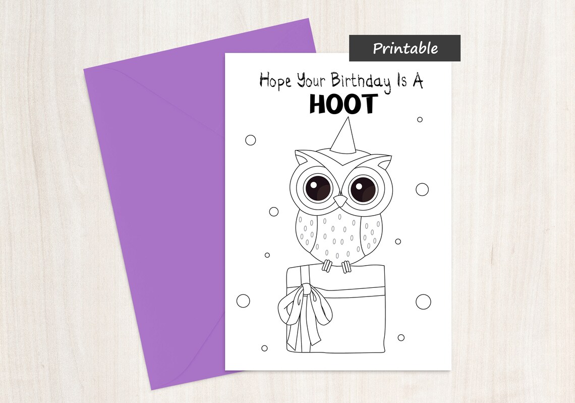 Owl Happy Birthday Coloring Card Digital Download Children's Owl on