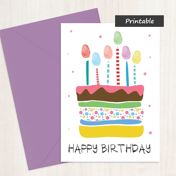 Fingerprint Birthday Card - Fingerprint Candles - Digital Download - Candles and Cake Front - Blank Inside - Print and Add Fingerprints