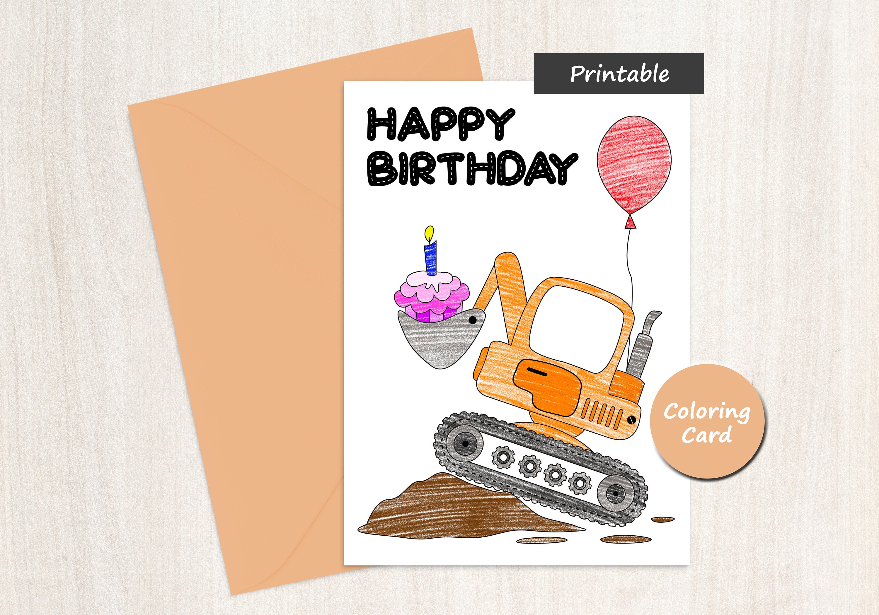 Digger Happy Birthday Coloring Card Digital Download Children’s Digger