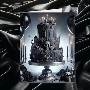 Skull Gothic Birthday Card, Gothic Greeting Cards, Gothic Cards, Gothic Dark Cards, Spooky Cards, Horror, Emo Birthday, Black Balloons