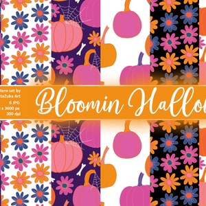 Halloween Digital paper, Halloween pattern, Pumpkin and flowers digital paper pack, Scrapbooking digital paper set