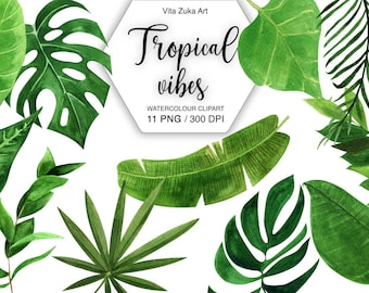 Watercolor Tropical Leaves Clipart: Jungle Greenery PNG Set (Digital Download)