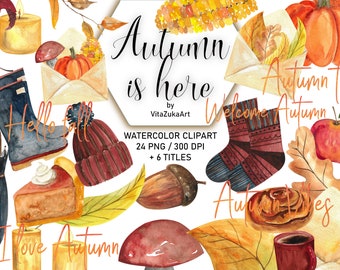 Autumn Clipart Watercolor, Autumn Clipart Set, Fall PNG pack, Hello Autumn art, Fall season symbols Clipart set, Autumn PNG