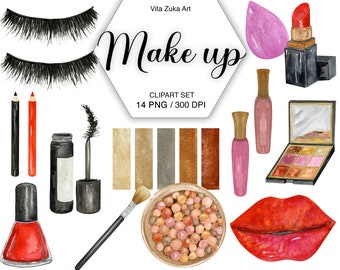 May include: A watercolor illustration set of makeup items, including eyelashes, lipstick, eyeshadow, blush, eyeliner, nail polish, and a makeup sponge. The set is titled "Make up" and includes 14 PNG files at 300 DPI.