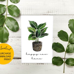Carte de voeux plante d'intérieur, carte de voeux imprimable, carte Happy New Home, carte numérique à côté, carte imprimable aquarelle New Home