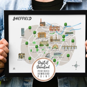 Sheffield illustrierte Karte - digitaler Download | Bunte Stadt Kunst, UK Wand Dekor, Handgezeichnete Karte zum Ausdrucken