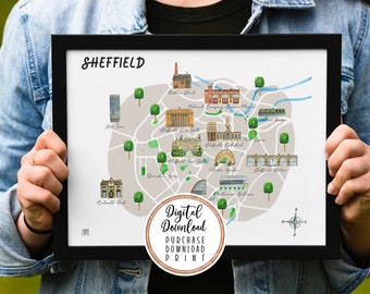 Carte illustrée de Sheffield - téléchargement numérique | Art de la ville imprimable, décoration murale du Royaume-Uni, carte colorée dessinée à la main