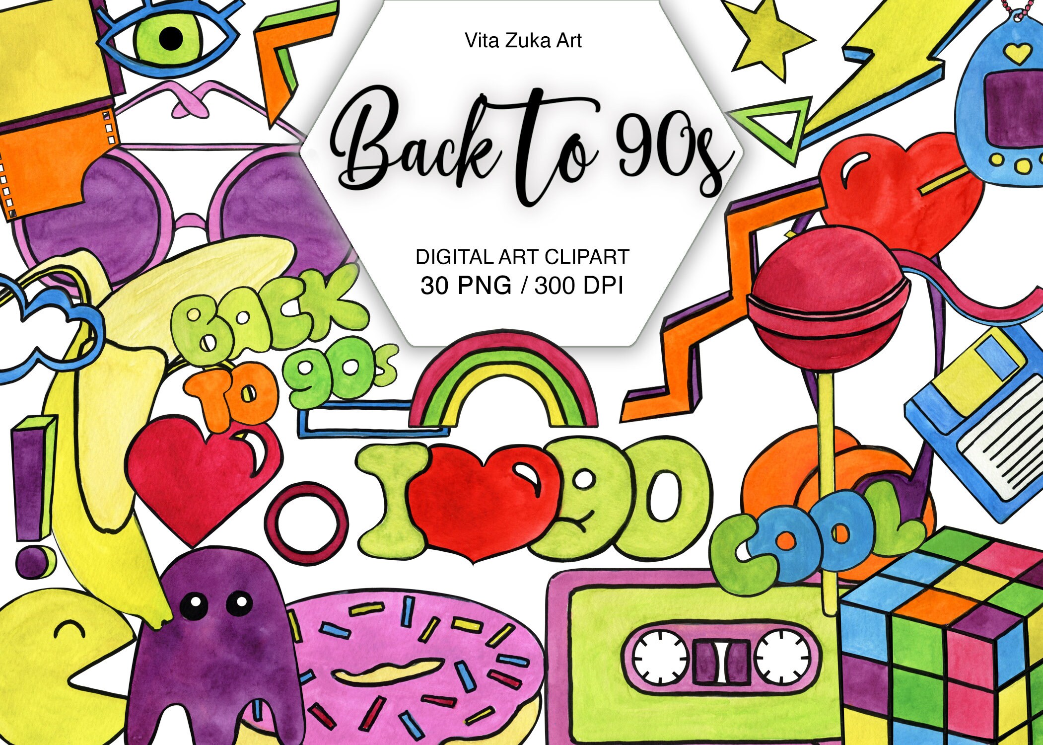 Watercolor 90's Clipart, Cartoon Style 80s-90s, 90s Digital Clipart ...