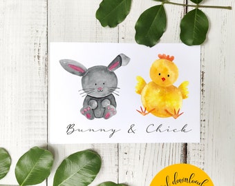 Printable Greeting Card, Easter printable card, Bunny digital card, Watercolor digital Card, Instant download card, Printable 5x7 card
