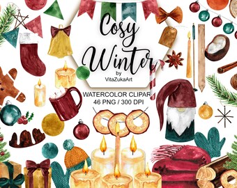 Watercolor Winter Clipart Set: Cosy Christmas PNG (Digital Download)