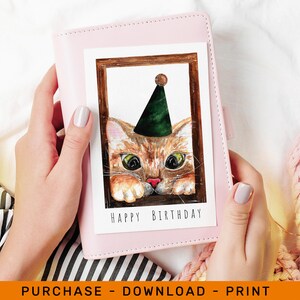 Printable Cat Card, Birthday Cat card, Printable Greeting Card, Happy Birthday card, Instant download card, Watercolor Cat Printable card