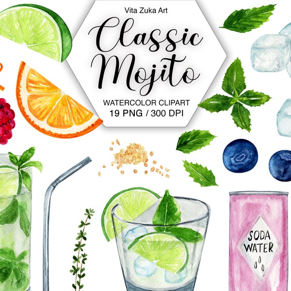 Watercolor Mojito clipart, Cocktail Clipart set, Watercolor mojito ingredients, Drink PNG, Mojito ingredients illustration, Food and drink