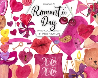 May include: Watercolor clipart featuring romantic elements in shades of pink and red. Includes hearts, lips, a ring, a teddy bear, and text that reads "Romantic Day". Also includes a key, a lock, and candy hearts.