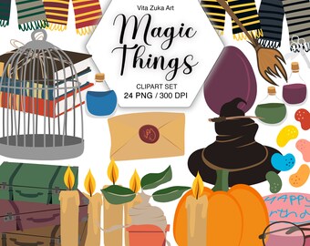 Magical Wizards Clipart Set - School for Wizards, Digital PNG Files, Magic things illustration