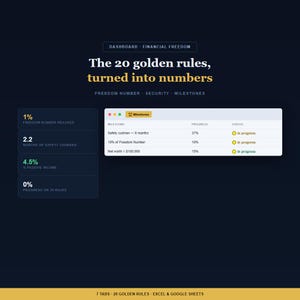 Może przedstawiać: Cyfrowy interfejs pulpitu nawigacyjnego finansów zatytułowany The 20 golden rules, turned into numbers. Wyświetla wskaźniki, w tym 1% freedom number reached, 2.2 months of safety covered, 4.5% passive income oraz tabelę kamieni milowych.