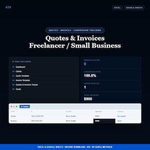 Może przedstawiać: Cyfrowy szablon pulpitu nawigacyjnego dla freelancerów i małych firm zatytułowany Quotes & Invoices, zawierający karty dla klientów, szablonów i śledzenia. Interfejs wyświetla wskaźniki takie jak współczynnik konwersji i kwoty faktur w ciemnym motywie.