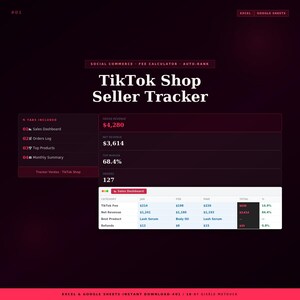 Könnte beinhalten: Dunkelrotes Grafik mit dem Text "TikTok Shop Seller Tracker". Das Bild zeigt Verkaufsdaten, einschließlich Bruttoeinnahmen, Nettoeinnahmen, Top-Marge und die Anzahl der Bestellungen. Ein Verkaufs-Dashboard ist ebenfalls enthalten.