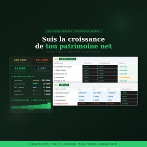 Pode incluir: Painel financeiro com fundo verde escuro que exibe informações de acompanhamento do patrimônio líquido. O texto "Suis la croissance de ton patrimoine net" é proeminente. Gráficos e tabelas mostram a alocação de ativos, tipos de dívida e evolução financeira.