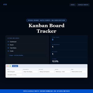 Tableau Kanban Excel | Suivi Visuel de Tâches + Tableau de Bord | Google Sheets | Sans Abonnement