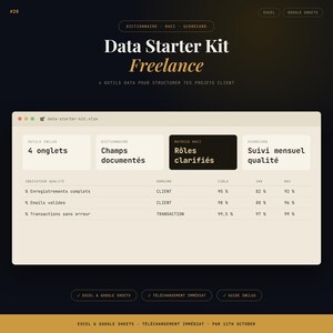 Op de afbeelding: Een digitale Data Starter Kit voor freelance projecten met een donkere achtergrond en gouden tekst. De interface toont een spreadsheetvenster genaamd data-starter-kit.xlsx met secties voor tools, een woordenboek, een RACI-matrix en een scorekaart.