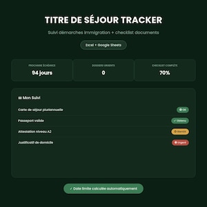 Titre de Séjour Tracker Excel | Suivi Délais OQTF + ANEF + Checklist Documents | Google Sheets