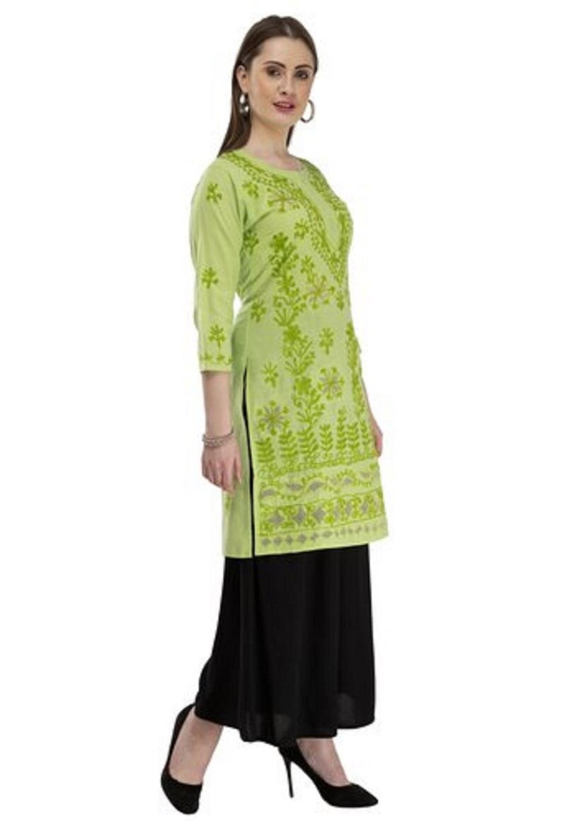 Green kurta with black Plazzo Women Chikan Embroidery Pure Cotton Straight Kurta with black Plazzo