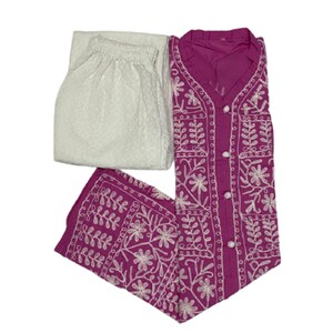 Indian Women and Girls  Chikan Embroidery Pure Cotton Straight Kurta (Purple, White)
