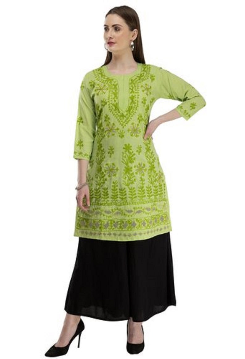 Green kurta with black Plazzo Women Chikan Embroidery Pure Cotton Straight Kurta with black Plazzo