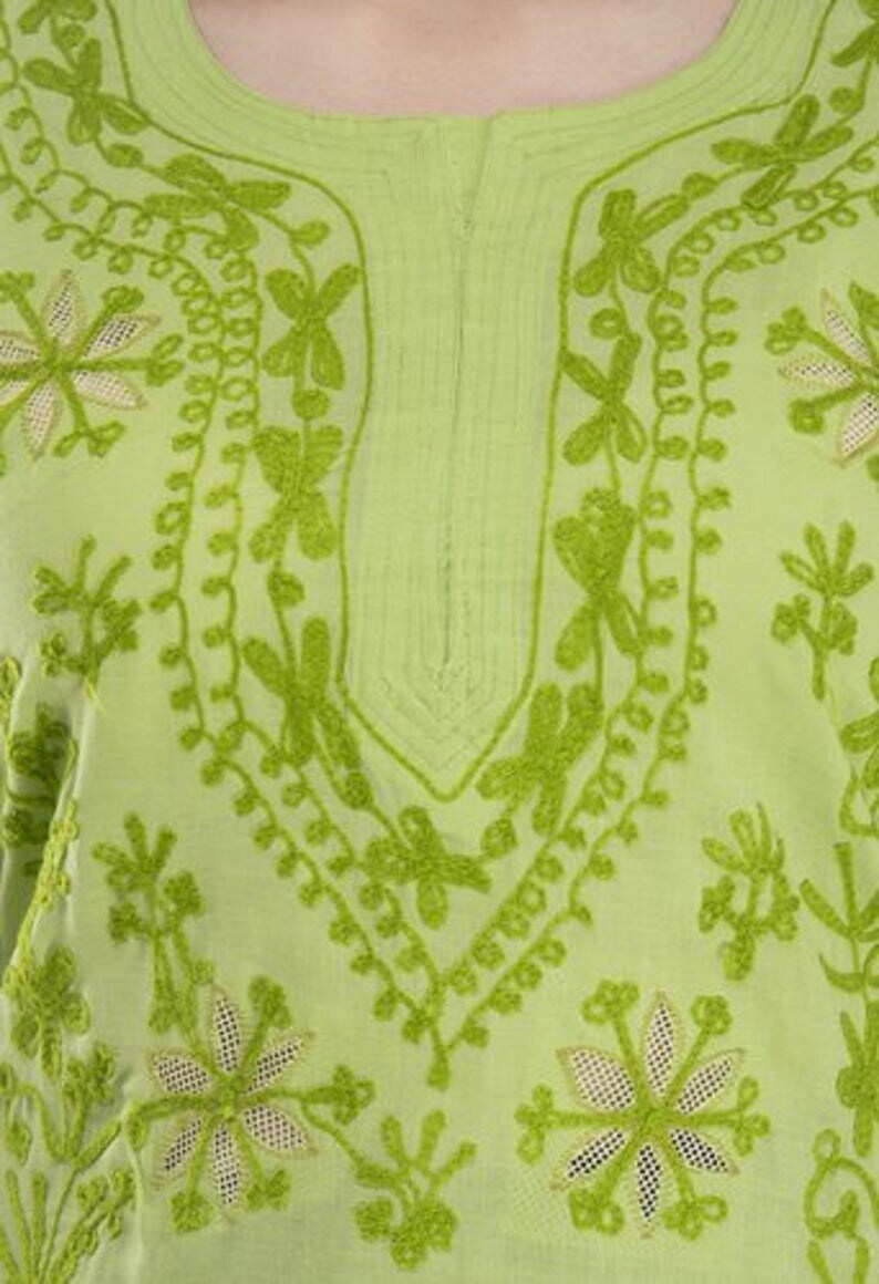 Green kurta with black Plazzo Women Chikan Embroidery Pure Cotton Straight Kurta with black Plazzo