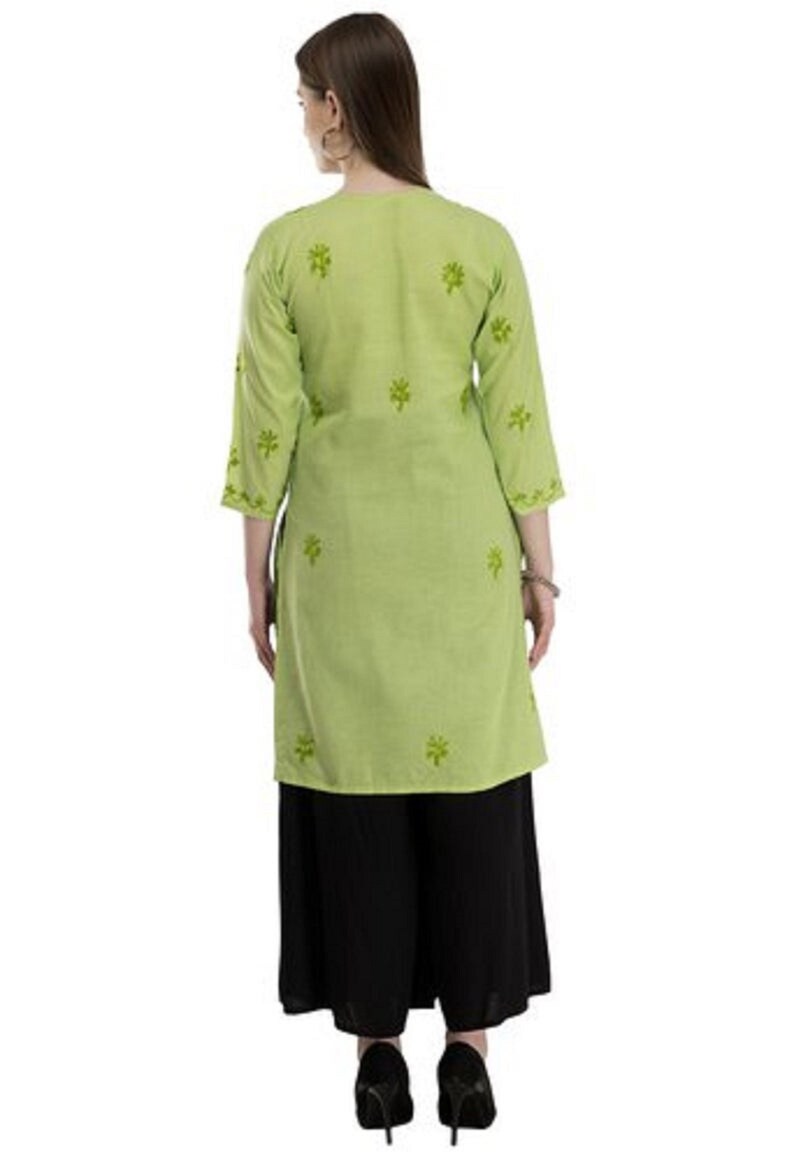 Green kurta with black Plazzo Women Chikan Embroidery Pure Cotton Straight Kurta with black Plazzo