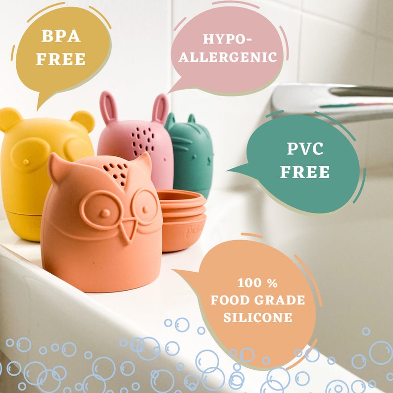 K&ouml;nnte beinhalten: Vier farbenfrohe Silikonbeh&auml;lter in Tierform, darunter ein Eule, ein B&auml;r, ein Hase und eine Katze. Die Beh&auml;lter sind mit "BPA Frei", "Hypoallergen", "PVC Frei" und "100% Lebensmittelqualit&auml;t Silikon" gekennzeichnet.