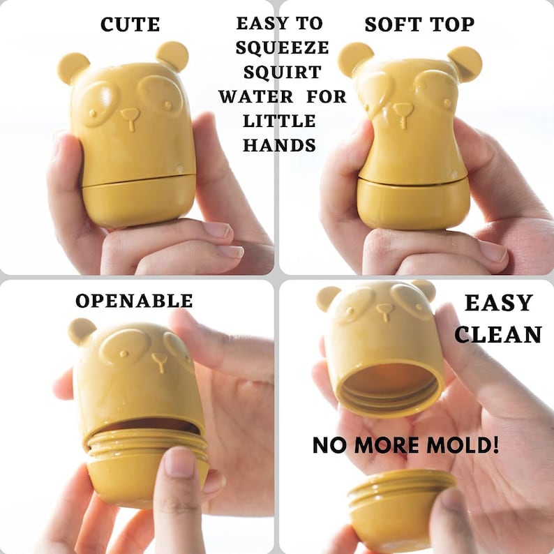 K&ouml;nnte beinhalten: Eine gelbe Plastikwasserflasche in Form eines Pandab&auml;ren. Die Flasche ist leicht zu dr&uuml;cken und hat einen weichen Deckel. Die Flasche ist auch &ouml;ffnungsf&auml;hig und leicht zu reinigen. Der Text "EASY CLEAN" und "NO MORE MOLD!" ist auf dem Bild zu sehen.