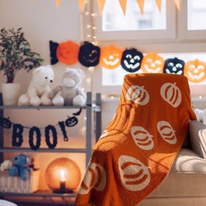 Pumpkin Throw Blanket, Fall Blanket, Halloween, Cozy, Ultrasoft, Plush, Strechy, Fluffy, Microfiber feather yarn, Two-sided, Reversible image 3