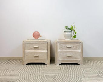 Pair of Vintage Pencil Reed Rattan Nightstand Coastal Hollywood Regency Tables